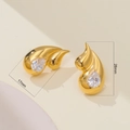 Macro detail of 18k gold plated earring with double layer water drop zircon and size specs - Gold + White Zirconia