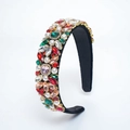 Detail of vintage velvet headband featuring colorful rhinestones and white pearls inlay - Rainbow