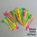 Close-up of 50 mixed colorful plastic fruit picks in heart and music note shapes - Mixed Style Picks (50 Pcs)
