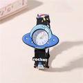 Orologio spaziale per bambini con razzi e quadrante UFO blu su cinturino nero - Nero