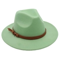 Detail of mint green wool fedora hat featuring a brown leather band and gold buckle - Green (Brown Belt)