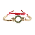 Adjustable red rope bracelet with gold beads and a green zircon encrusted ring pendant - Green Zircon Gold Beads Red Rope