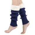 Detail of blue knitted leg warmers featuring white faux fur trim and cozy texture - One Size / Navy Blue
