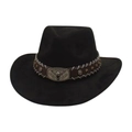 Classic black faux suede cowboy hat with brown leather band and silver bull head emblem - One Size / Black (Wide Silver Bull)