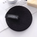Round black microfiber reusable makeup remover puff with printed Clean Sponge strap - Black