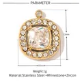 Macro detail of geometric zircon pendant showing 12mm by 10mm stainless steel dimensions - Gold Square Rhinestone (VG098)