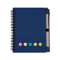 Detailansicht eines marineblauen Spiralnotizbuchs mit fünf bunten Haftnotizen und Kraftstift - Dunkelblau