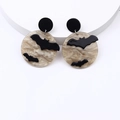 Halloween acrylic earrings with black bat design on beige marble textured round base - Marble Pattern Bat