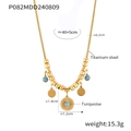 Collier perlé en acier titane plaqué or avec pendentif rond en turquoise bleue - Collier Or (TXP082)