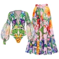 Set due pezzi a stampa tropicale con body scollo a V e gonna lunga a balze - S / Set