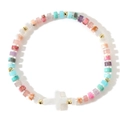 Colorful natural stone bead bracelet with a white shell cross pendant and gold accents - Multicolor Beaded Style C