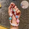 Pink and blue macaron beaded phone charm with hearts and flowers plus free gasket - Pink - Dopamine Phone Chain