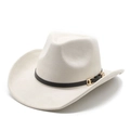 Chapeau de cowboy beige en daim avec ceinture en cuir noir et boucle dorée élégante - M (56-59cm) / Beige (Suède)