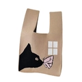 Knit tote bag in beige featuring a black cat and pink butterfly intarsia pattern - Khaki Butterfly Cat