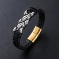 Bracciale da uomo in pelle nera intrecciata con metallo argentato e chiusura magnetica dorata - Oro