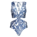 Blue dragonfly print monokini with cut-out waist and halter neck tie closure - Single V-Neck Cut-Out One-Piece Swimsuit