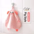 Light pink cartoon pig hanging hand towel in soft coral fleece for bathroom and kitchen - Piggy Style / Light Pink