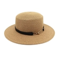 Chic straw boater hat with black leather band and gold metal buckle on white background - M (56-58cm) / Khaki