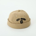 Detail of khaki cotton baby beanie featuring black HI!-BABY C letter embroidery - Letter C Style / Khaki