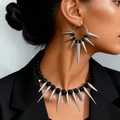 Gothic punk jewelry set with silver spike charms, beaded choker necklace and hoop earrings - Black Bead & Long Spike Jewelry Set / Two-Piece Set / Silver