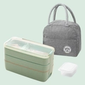 Three-piece lunch box set with 900ml green container, insulated bag and sauce cup - Triple Layer Set-Green (Box+Bag+Sauce Cup)