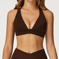Dunkelbraunes Yoga-Set für Damen mit V-Ausschnitt Sport-BH und passender Leggings - S / Kaffeebraun
