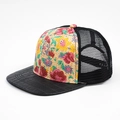 Casquette trucker en paille fleurie avec visière plate noire motif crocodile - Réglable / Fleurie Vintage Multicolore (Motif 2)