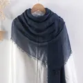 Solid deep blue cotton linen scarf with pleated texture and fringe trim detail - Dark Blue