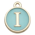 Light blue enamel round letter I charm with gold border for DIY jewelry making - Double-Sided Letter I / 1 Piece (12x14mm) / Green