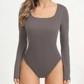 Slim fit long sleeve bodysuit in dark grey with elegant square neck and ribbed texture - S / Dark Gray