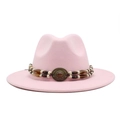 Detailed view of pink wool felt fedora with vintage beaded band and amber gemstone - Pink