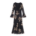 Elegante abito lungo nero con stampa floreale beige, scollo a V e maniche con volant - XS / Nero Stampato