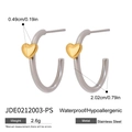 Detail showing two-tone heart hoop earrings in stainless steel with size and weight specs - Gold-Silver Colorblock Heart Hoop Style (JDE0212003-PS)