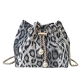Chic grey leopard print bucket bag with silver chain strap and pearl drawstring detail - White