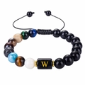 10mm black onyx and natural stone beaded bracelet with letter W charm and adjustable cord - Letter W