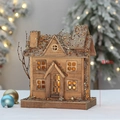 Luminous 31cm wooden Christmas house with gold and silver sequins on snowy roof - European Townhouse Style (B5357)