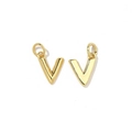 Detailed view of 18K gold plated V-shape charms with cubic zirconia and attachment rings - Letter V