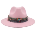 Pink western fedora with turquoise gemstone, ethnic woven band and fringe detail - Pink (Ethnic Decorative Band)
