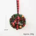 25cm Christmas wreath with red plaid ribbon, pine cones and berries on green pine needles - 25cm Red Black Plaid Bow