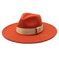 Detail of wide brim wool fedora hat with satin band and golden bee metal pin - M (56-58cm) / Caramel color