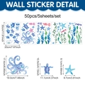 Set de 50 stickers muraux tortue de mer et animaux marins sur 5 feuilles PVC - Ensemble Aquarelle Poulpe Hippocampe (UV24Y11488T_T) / 20x30cm (5 Feuilles/50pcs)