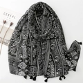Bohemian paisley print scarf with black tassel trim and soft cotton linen texture - 180x88cm / Black Paisley Pattern Style (SL2401-005黑)
