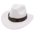 Classic white felt western cowboy hat with brown leather band and bronze bull head buckle - One Size / White (Rivet Copper Bull)