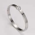 Macro detail of silver stainless steel bangle showing the single diamond setting and hinge - Steel 6mm