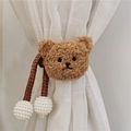 Brown plush bear curtain tieback with woven rope and white pearl beads - Coffee Rope Coffee Bear