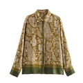Zweiteiliges Satin-Lounge-Set mit Paisley-Muster in Olivgrün und Ingwergelb - XS / Tops