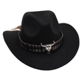 Detail of black cowboy hat with ethnic braided band and silver bull skull ornament - 52-54cm / Black