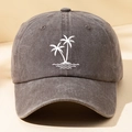 Adjustable dark grey washed cotton baseball cap with white coconut tree embroidery - One Size / Coffee