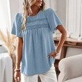 Blue short sleeve crew neck top with embroidery lace and dot textures for women - Blue