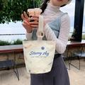 Minimalist off-white canvas bucket bag with Starry sky print and wooden ring handles - Happy Planet
